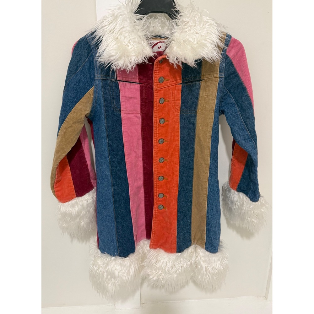 VTG Y2K CP Denim Patchwork Striped Girls Boho Faux Fur Jacket 10/12 Hippiestyle